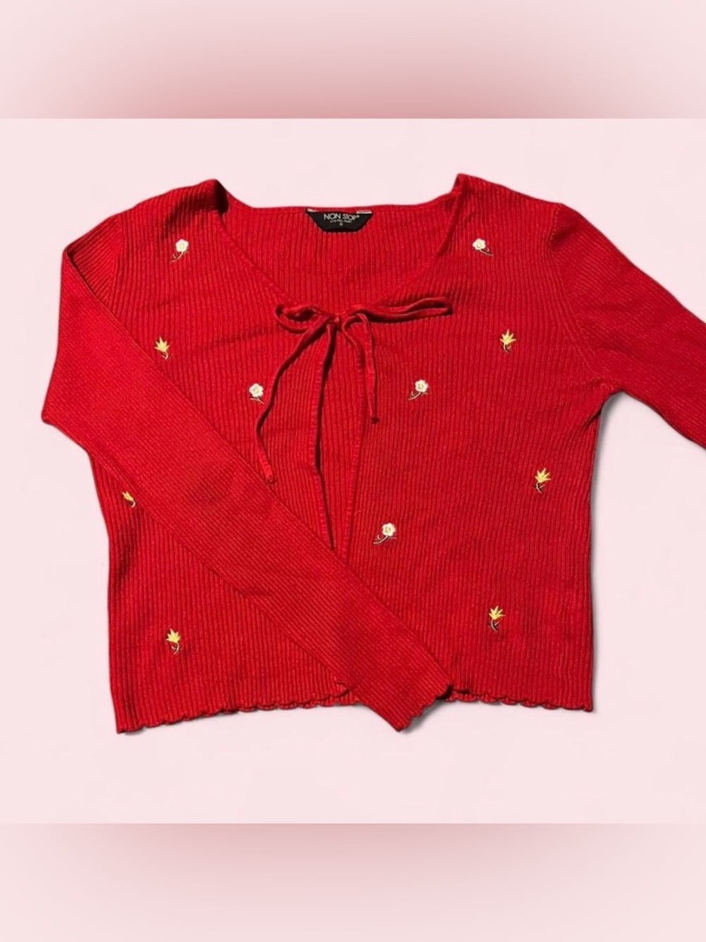 Tie-Front Red Ribbed Cardigan with Floral Embroidery